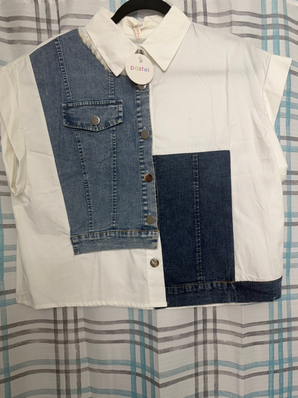 Pastels White and Blue Patchwork Denim Panel Button-Up Shirt